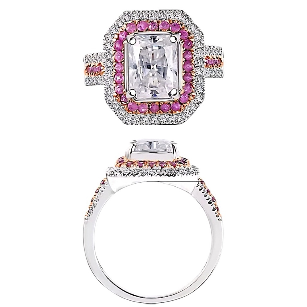 Moissanite Pink Sapphire Halo Ring 3.50ctw 18K Rose Gold over 925 Sterling - Picture 5 of 6